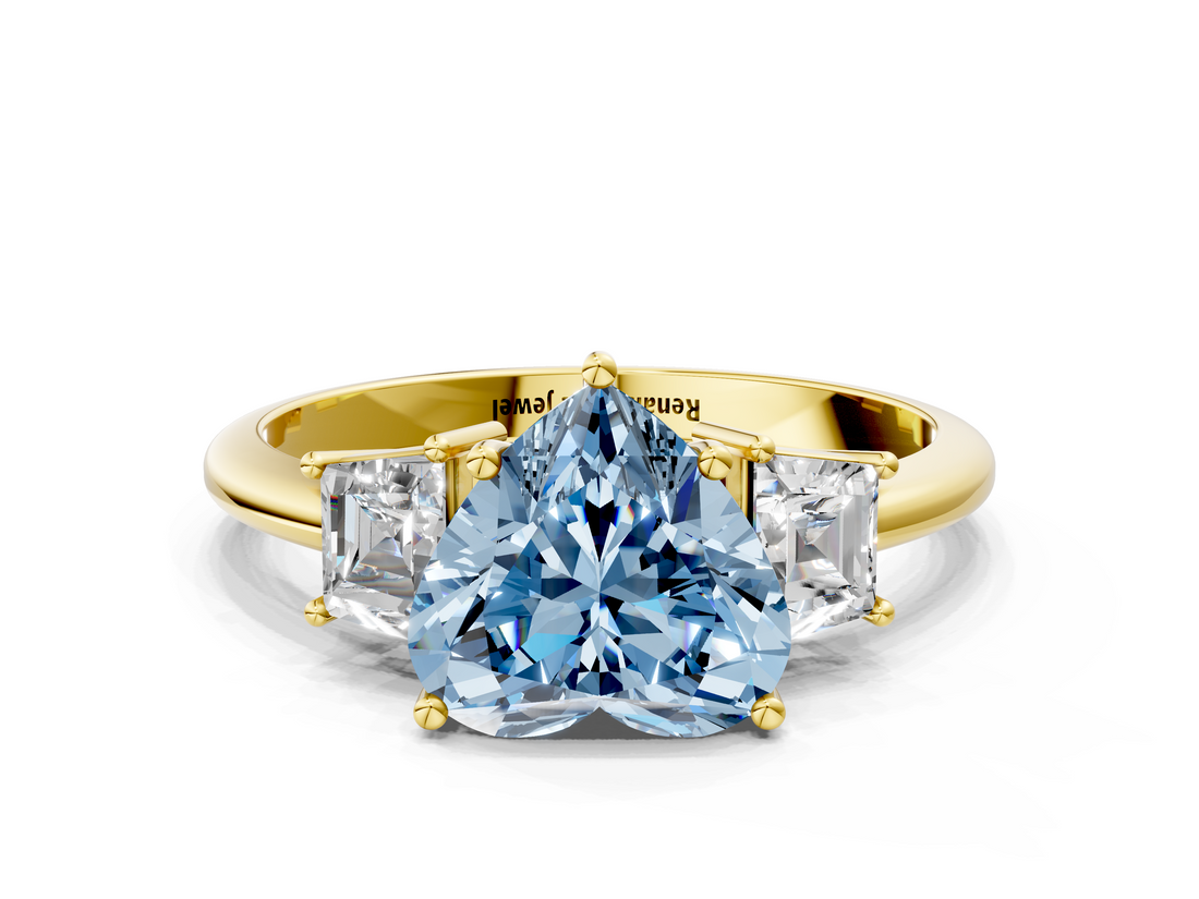 Yellow gold Fancy Blue Heart  Diamond Three-Stone Ring with Trapezoid Side Stones and Prong Setting_17