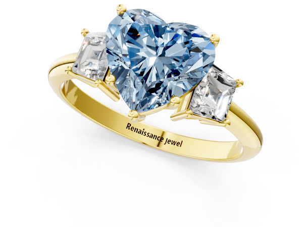 Yellow gold Fancy Blue Heart  Diamond Three-Stone Ring with Trapezoid Side Stones and Prong Setting