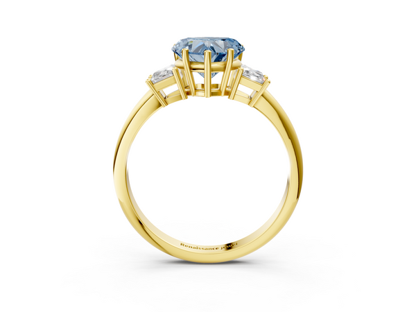 Yellow gold Fancy Blue Heart  Diamond Three-Stone Ring with Trapezoid Side Stones and Prong Setting