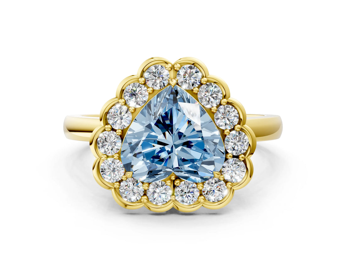 Yellow gold Fancy Blue Heart  Halo Cluster Diamond Engagement Ring with Solitaire Band and Prong Setting_49