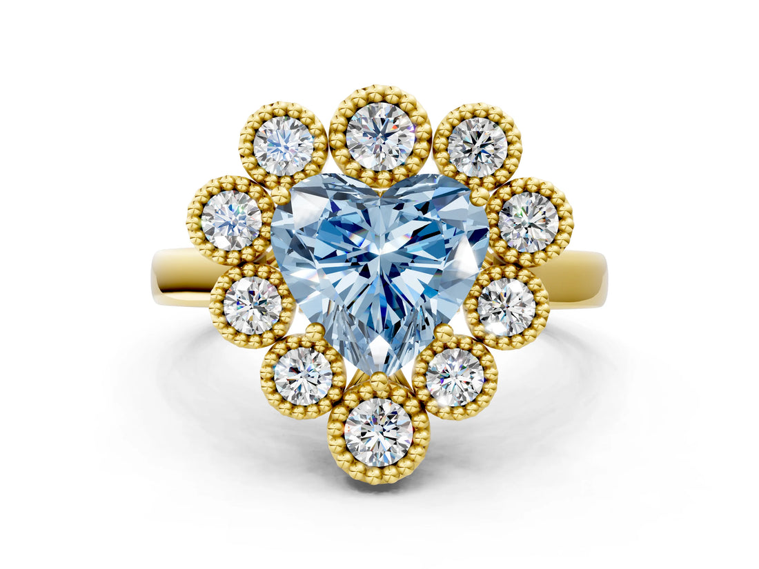 Yellow gold Fancy Blue Heart  Halo Diamond Cluster Engagement Ring with Milgrain Bezel Setting and Solitaire Band_63