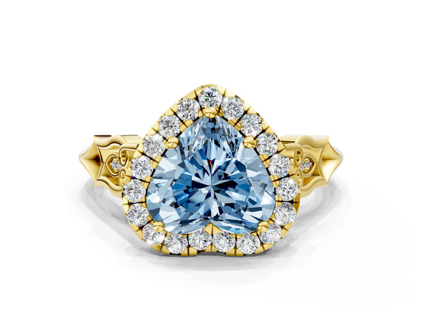 Yellow gold Fancy Blue Heart  Halo Diamond Engagement Ring with Filigree Band and Four-Prong Setting