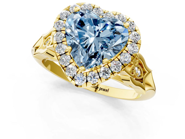 Yellow gold Fancy Blue Heart  Halo Diamond Engagement Ring with Filigree Band and Four-Prong Setting