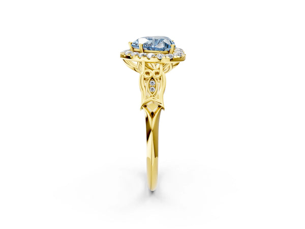 Yellow gold Fancy Blue Heart  Halo Diamond Engagement Ring with Filigree Band and Four-Prong Setting