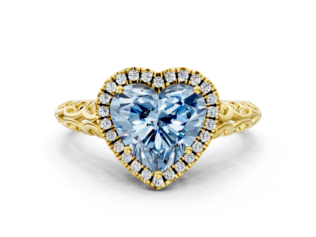 Yellow gold Fancy Blue Heart  Halo Diamond Engagement Ring with Intricate Filigree Band and Four-Prong Setting_37