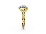 Yellow gold Fancy Blue Heart  Halo Diamond Engagement Ring with Intricate Filigree Band and Four-Prong Setting_39