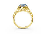 Yellow gold Fancy Blue Heart  Halo Diamond Engagement Ring with Intricate Filigree Band and Four-Prong Setting_40