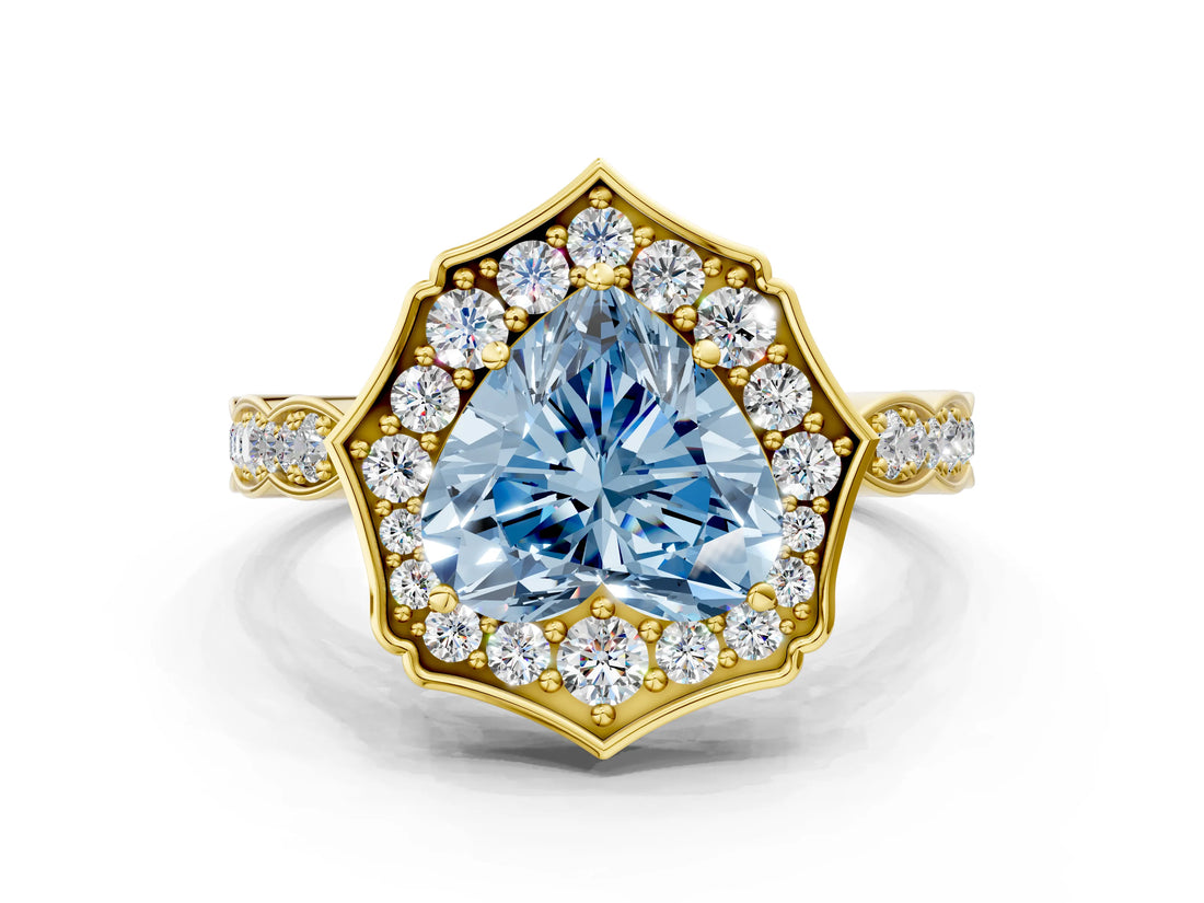 Yellow gold Fancy Blue Heart  Halo Diamond Engagement Ring with Milgrain Band and Four-Prong Setting_37