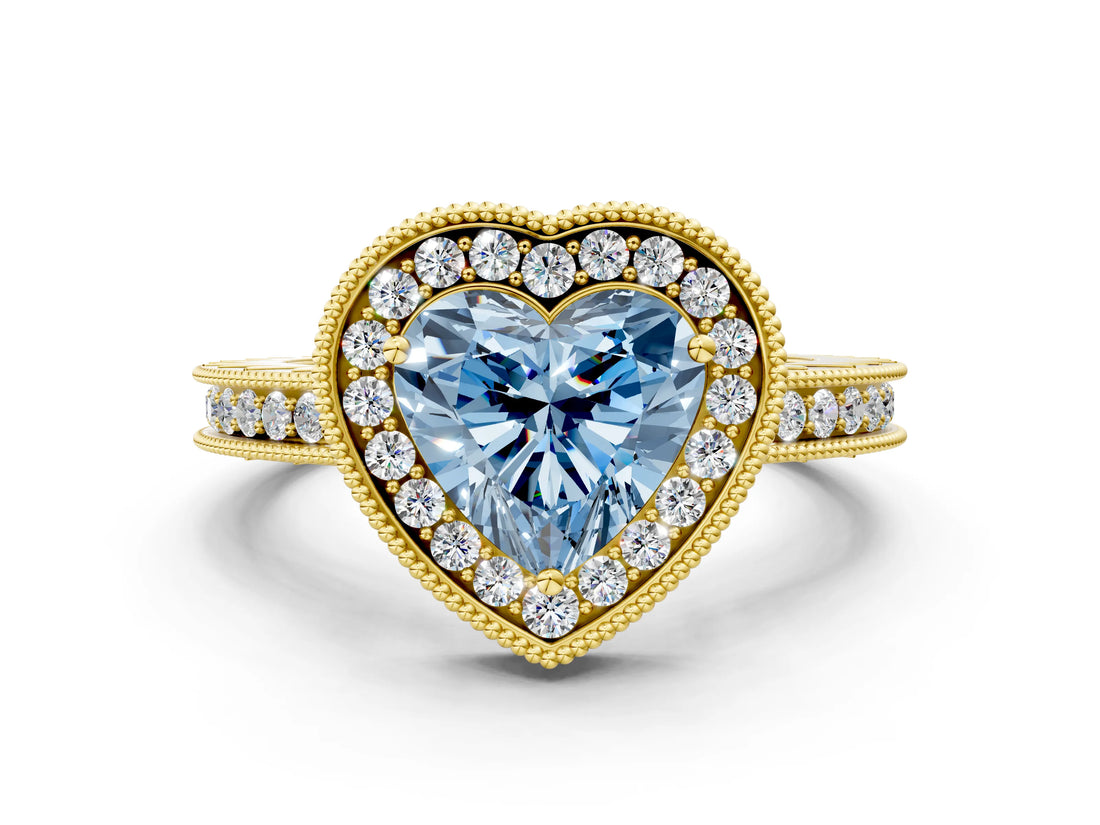 Yellow gold Fancy Blue Heart  Halo Diamond Engagement Ring with Milgrain Pave Band and Four-Prong Setting_12