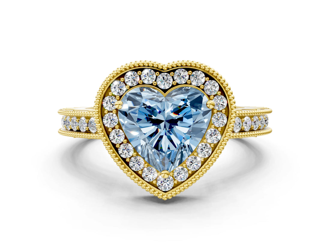 Yellow gold Fancy Blue Heart  Halo Diamond Engagement Ring with Milgrain Pave Band and Four-Prong Setting_39