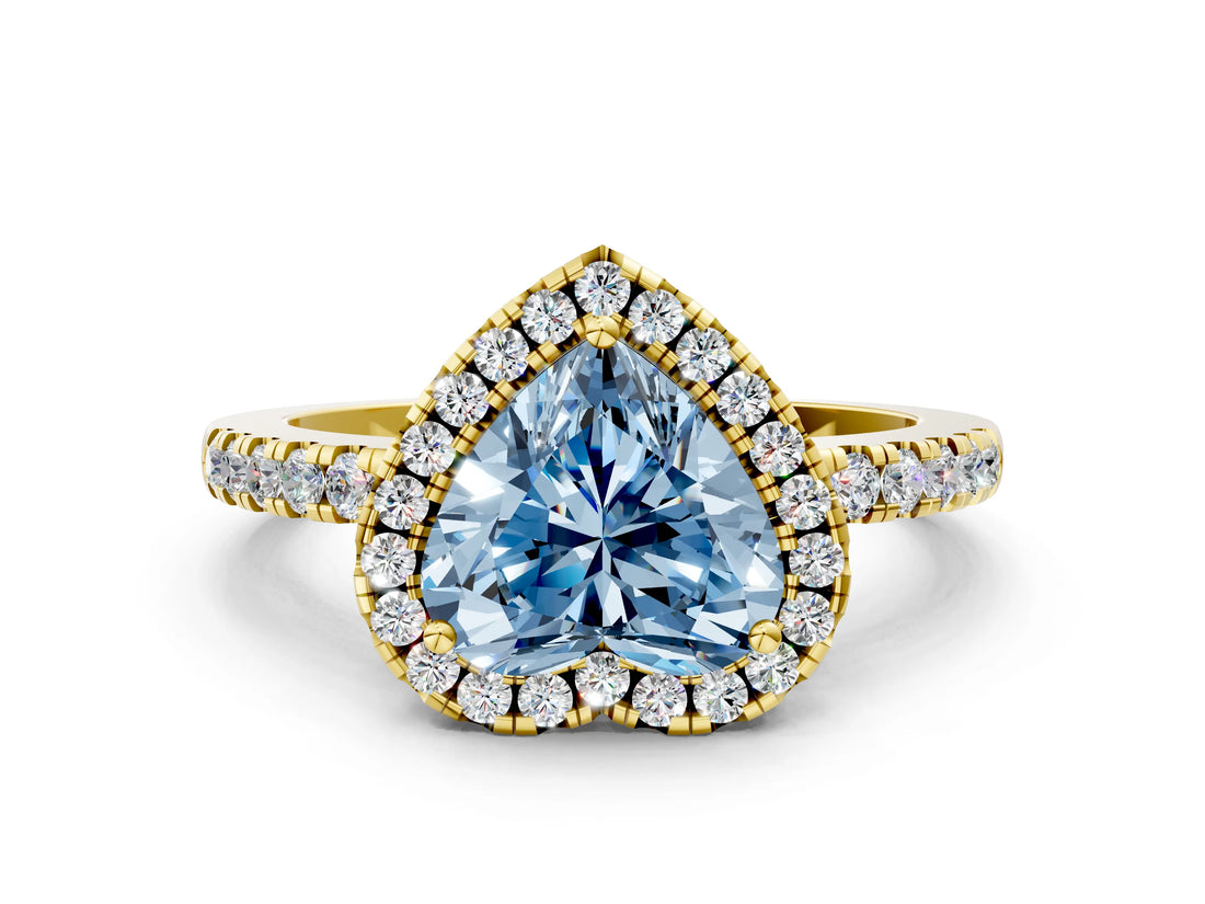 Yellow gold Fancy Blue Heart  Halo Diamond Engagement Ring with Pavé Band and Four-Prong Setting_63
