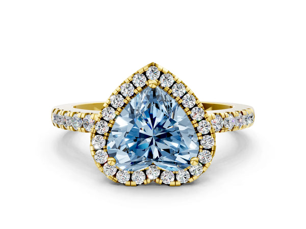 Yellow gold Fancy Blue Heart  Halo Diamond Engagement Ring with Pavé Band and Four-Prong Setting
