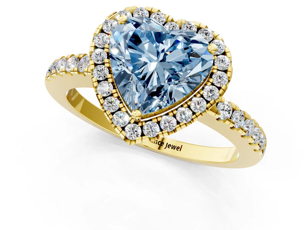 Yellow gold Fancy Blue Heart  Halo Diamond Engagement Ring with Pavé Band and Four-Prong Setting