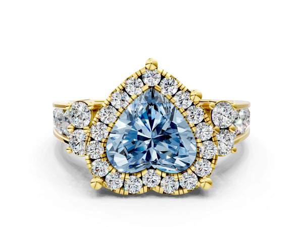 Yellow gold Fancy Blue Heart  Halo Diamond Engagement Ring with Split Shank and Four-Prong Setting