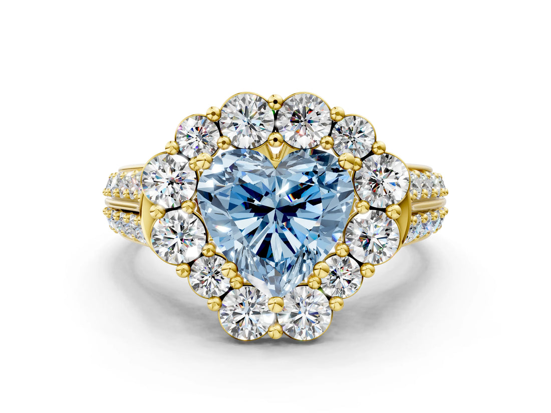 Yellow gold Fancy Blue Heart  Halo Diamond Engagement Ring with Split Shank and Prong Setting_66