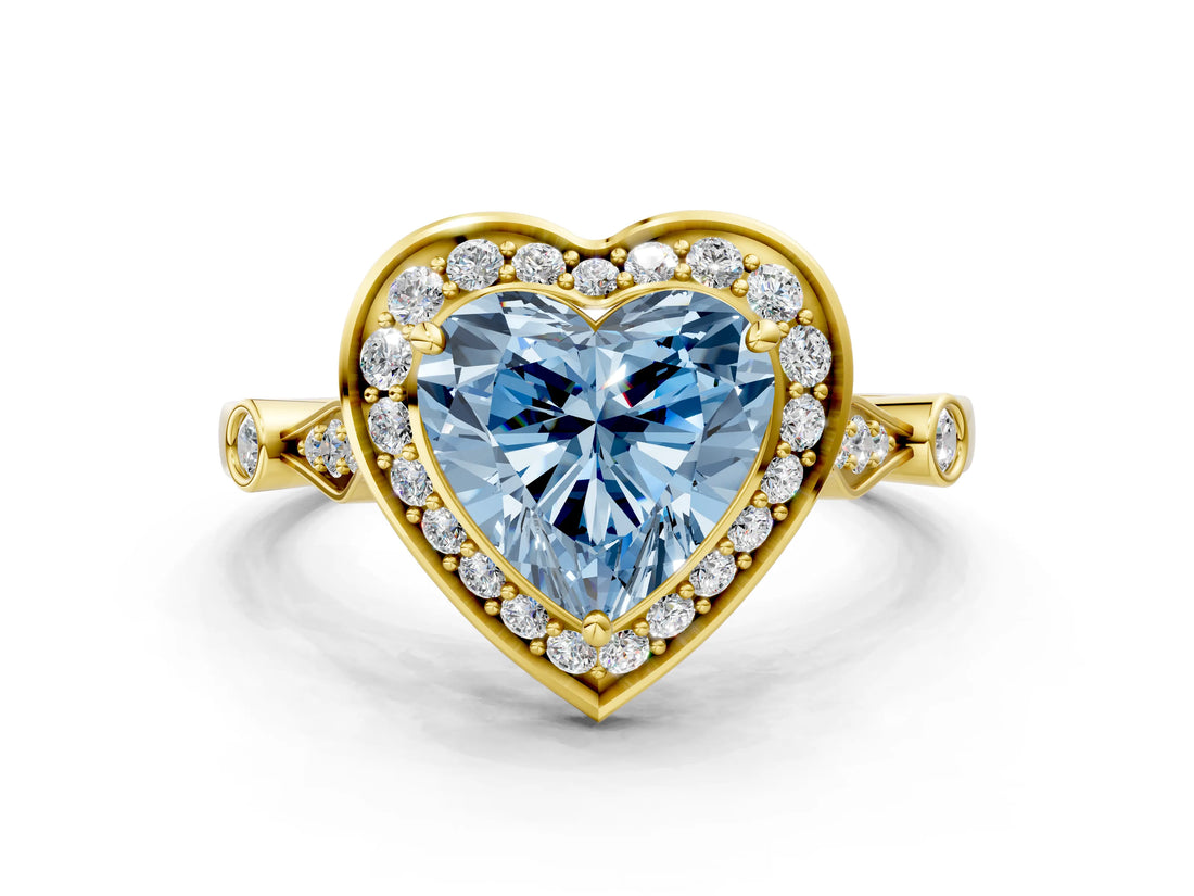 Yellow gold Fancy Blue Heart  Halo Diamond Engagement Ring with Twisted Band and Four-Prong Setting 1