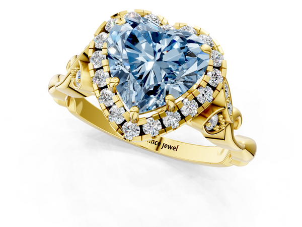 Yellow gold Fancy Blue Heart  Halo Diamond Engagement Ring with Vintage-Inspired Band and Four-Prong Setting