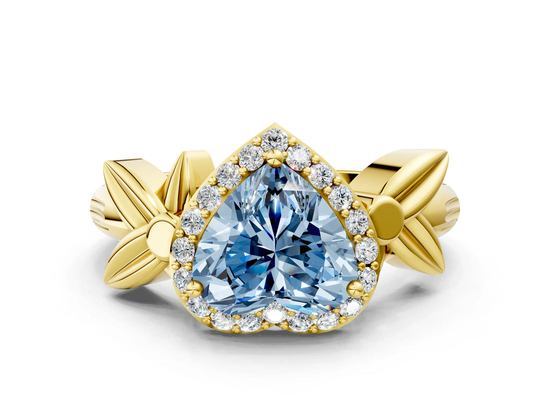 Yellow gold Fancy Blue Heart  Halo Diamond Floral Band with Four-Prong Setting_55