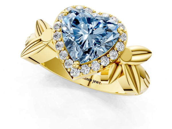 Yellow gold Fancy Blue Heart  Halo Diamond Floral Band with Four-Prong Setting