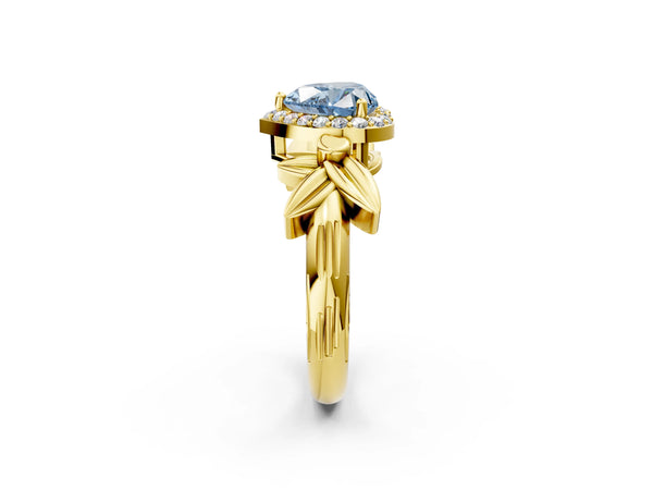 Yellow gold Fancy Blue Heart  Halo Diamond Floral Band with Four-Prong Setting