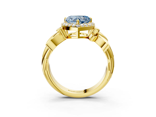 Yellow gold Fancy Blue Heart  Halo Diamond Floral Band with Four-Prong Setting