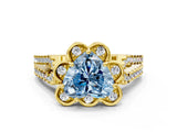 Yellow gold Fancy Blue Heart  Halo Diamond Floral Split Shank Engagement Ring 1