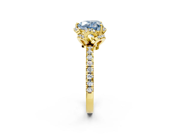 Yellow gold Fancy Blue Heart  Halo Diamond Pave Band Ring with Four-Prong Setting