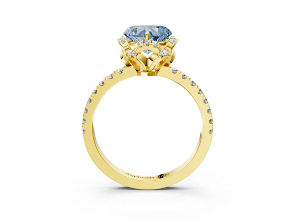 Yellow gold Fancy Blue Heart  Halo Diamond Pave Band Ring with Four-Prong Setting