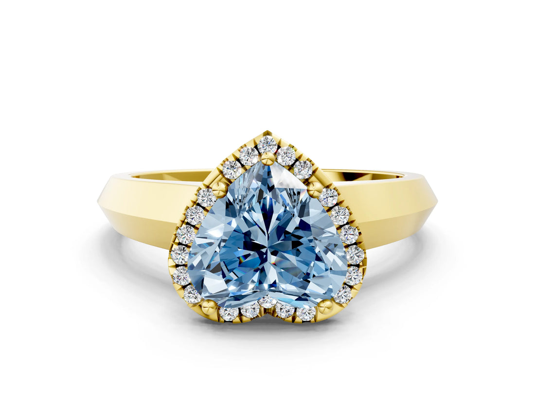 Yellow gold Fancy Blue Heart  Halo Diamond Ring with Cathedral Band and Four-Prong Setting_49