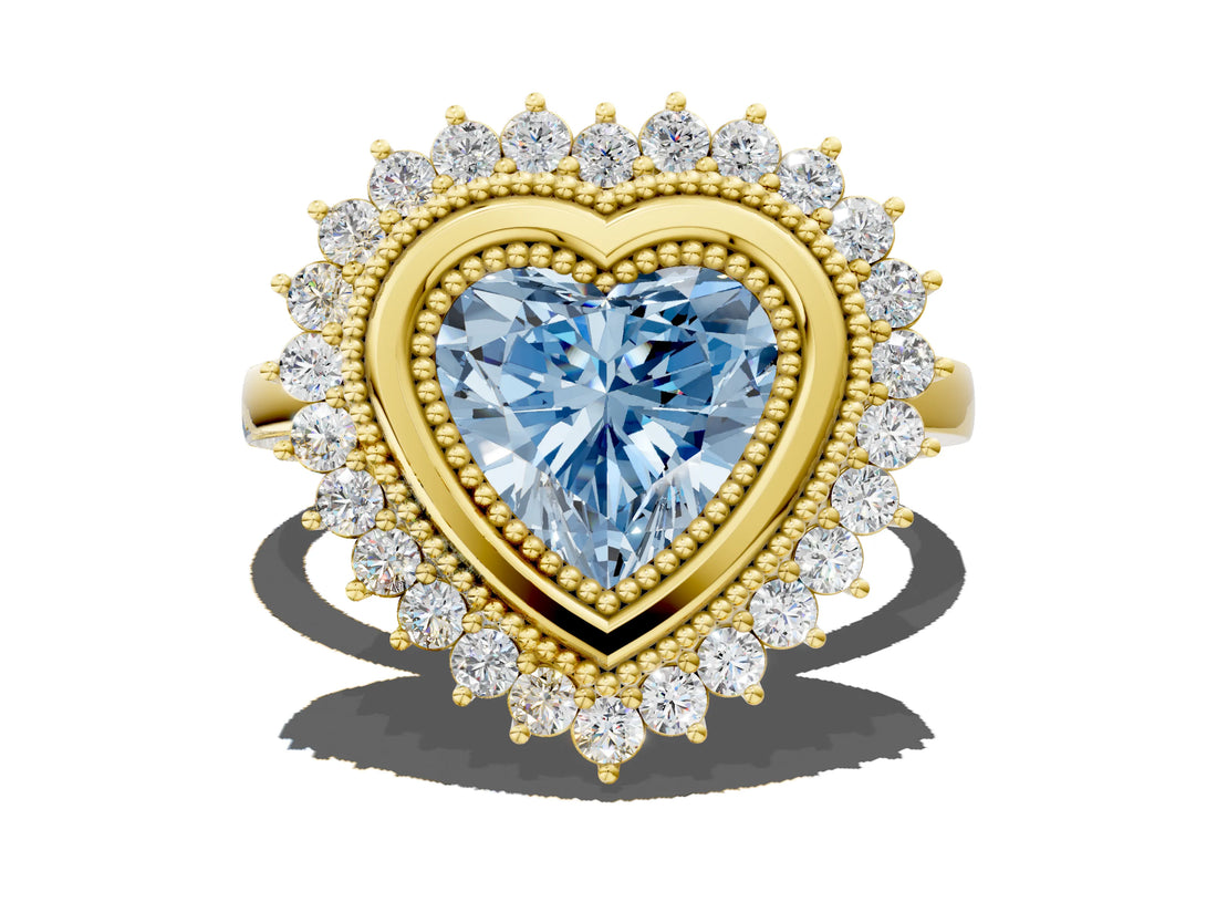 Yellow gold Fancy Blue Heart  Halo Diamond Ring with Milgrain Edge and Round Prong Setting_26