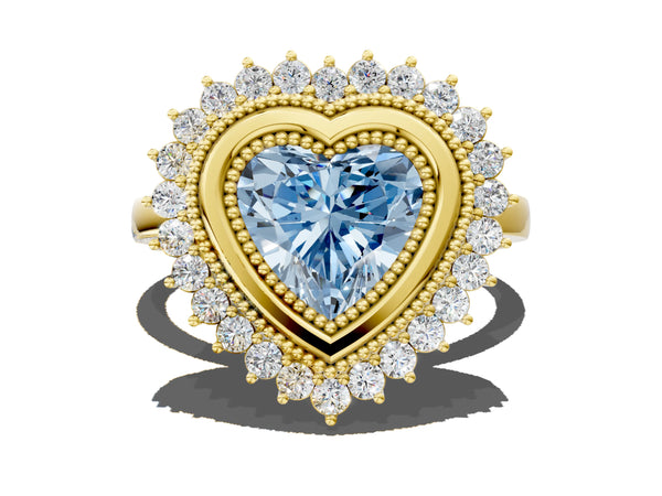 Yellow gold Fancy Blue Heart  Halo Diamond Ring with Milgrain Edge and Round Prong Setting