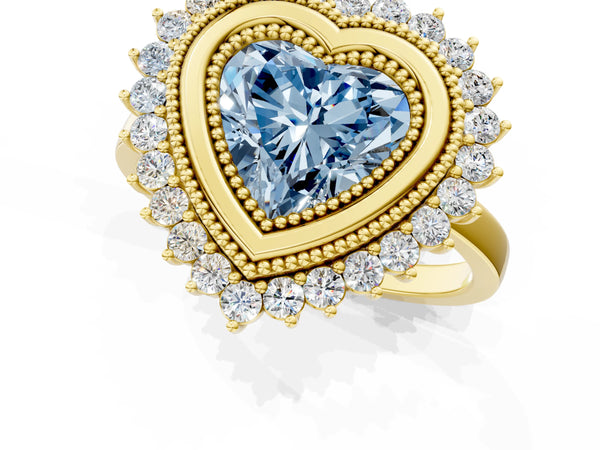 Yellow gold Fancy Blue Heart  Halo Diamond Ring with Milgrain Edge and Round Prong Setting