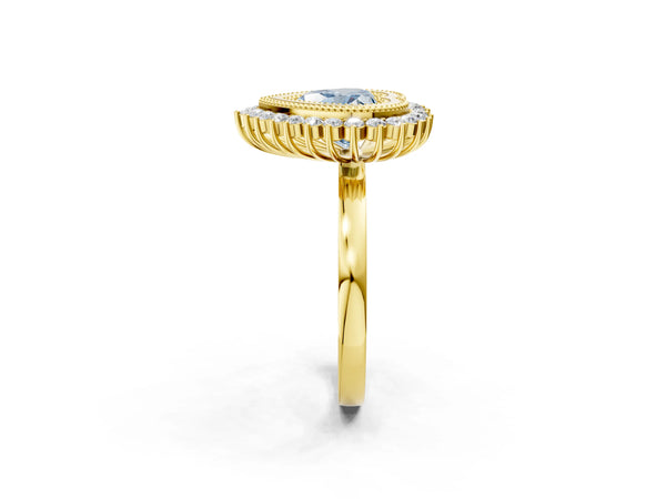 Yellow gold Fancy Blue Heart  Halo Diamond Ring with Milgrain Edge and Round Prong Setting
