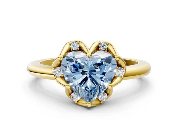 Yellow gold Fancy Blue Heart  Halo Diamond Ring with Round Cluster Setting, Solitaire Band, and Four-Prong Setting