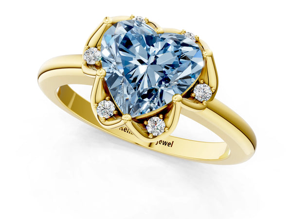Yellow gold Fancy Blue Heart  Halo Diamond Ring with Round Cluster Setting, Solitaire Band, and Four-Prong Setting