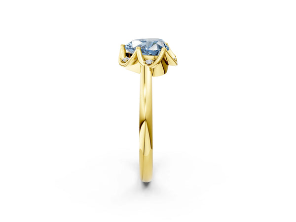 Yellow gold Fancy Blue Heart  Halo Diamond Ring with Round Cluster Setting, Solitaire Band, and Four-Prong Setting