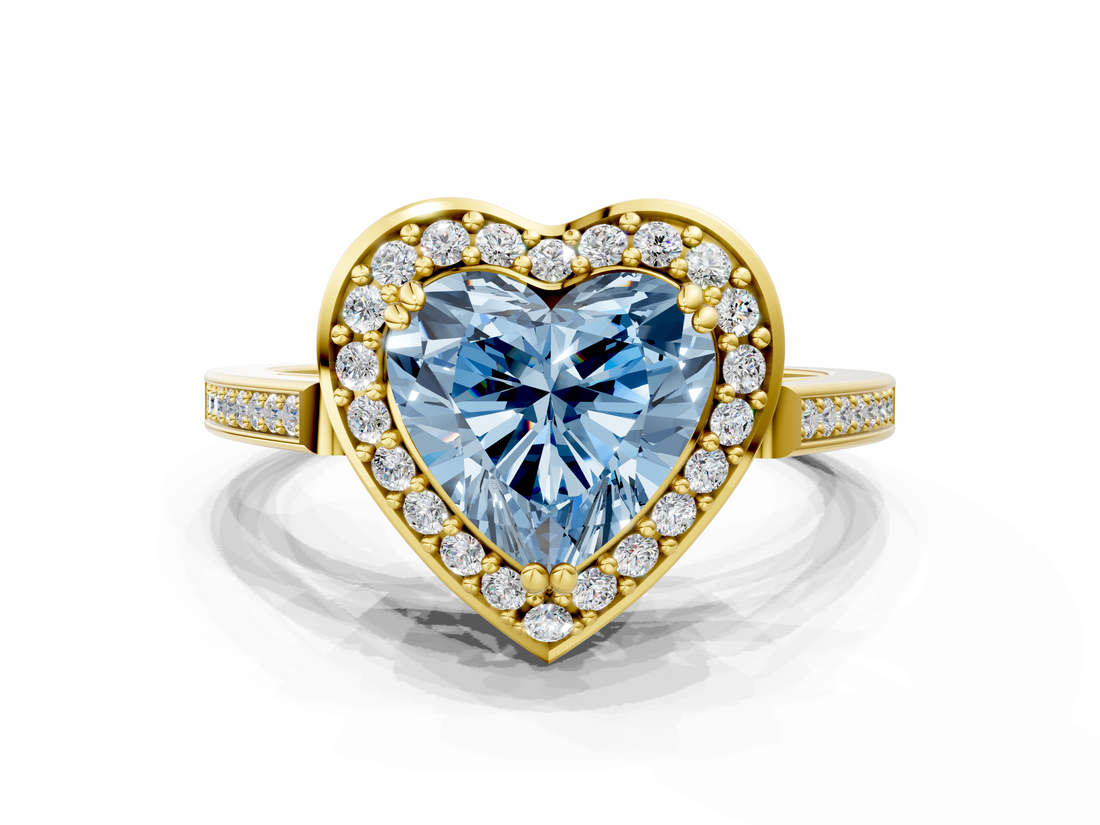 Yellow gold Fancy Blue Heart  Halo Diamond Ring with Split Shank and Four-Prong Setting_62
