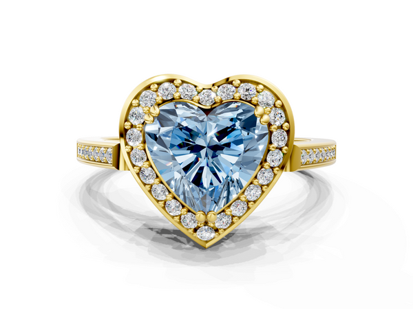 Yellow gold Fancy Blue Heart Cut Diamond Halo Ring with Split Shank and Four-Prong Setting