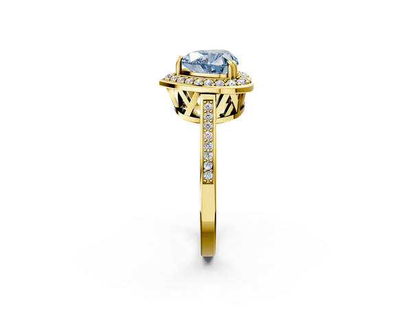 Yellow gold Fancy Blue Heart Cut Diamond Halo Ring with Split Shank and Four-Prong Setting