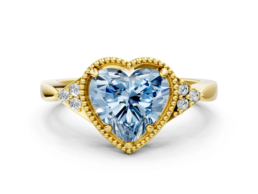 Yellow gold Fancy Blue Heart  Halo Diamond Ring with Tapered Band and Four-Prong Setting_7