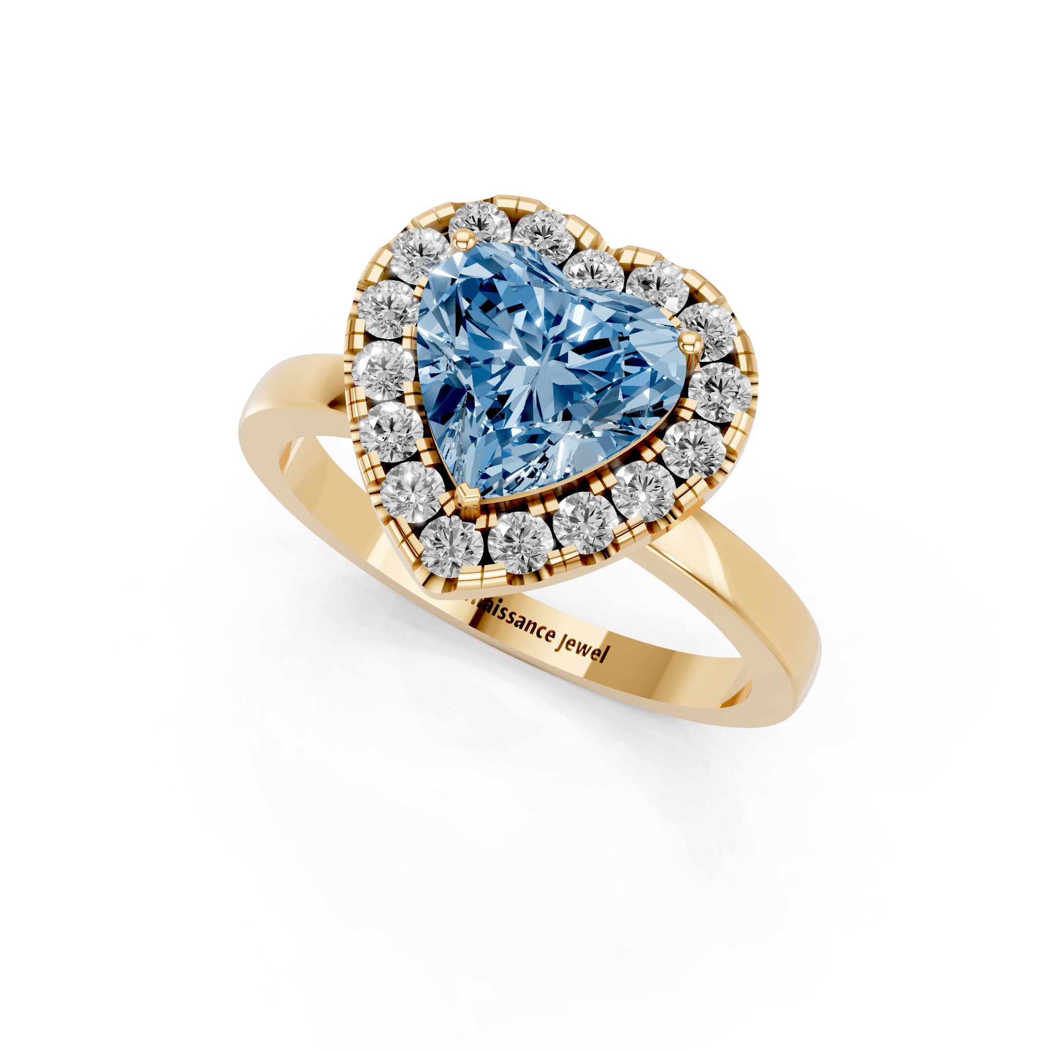 Yellow gold Fancy Blue Heart  Halo Diamond Solitaire with Pavé Band and Four-Prong Setting_17