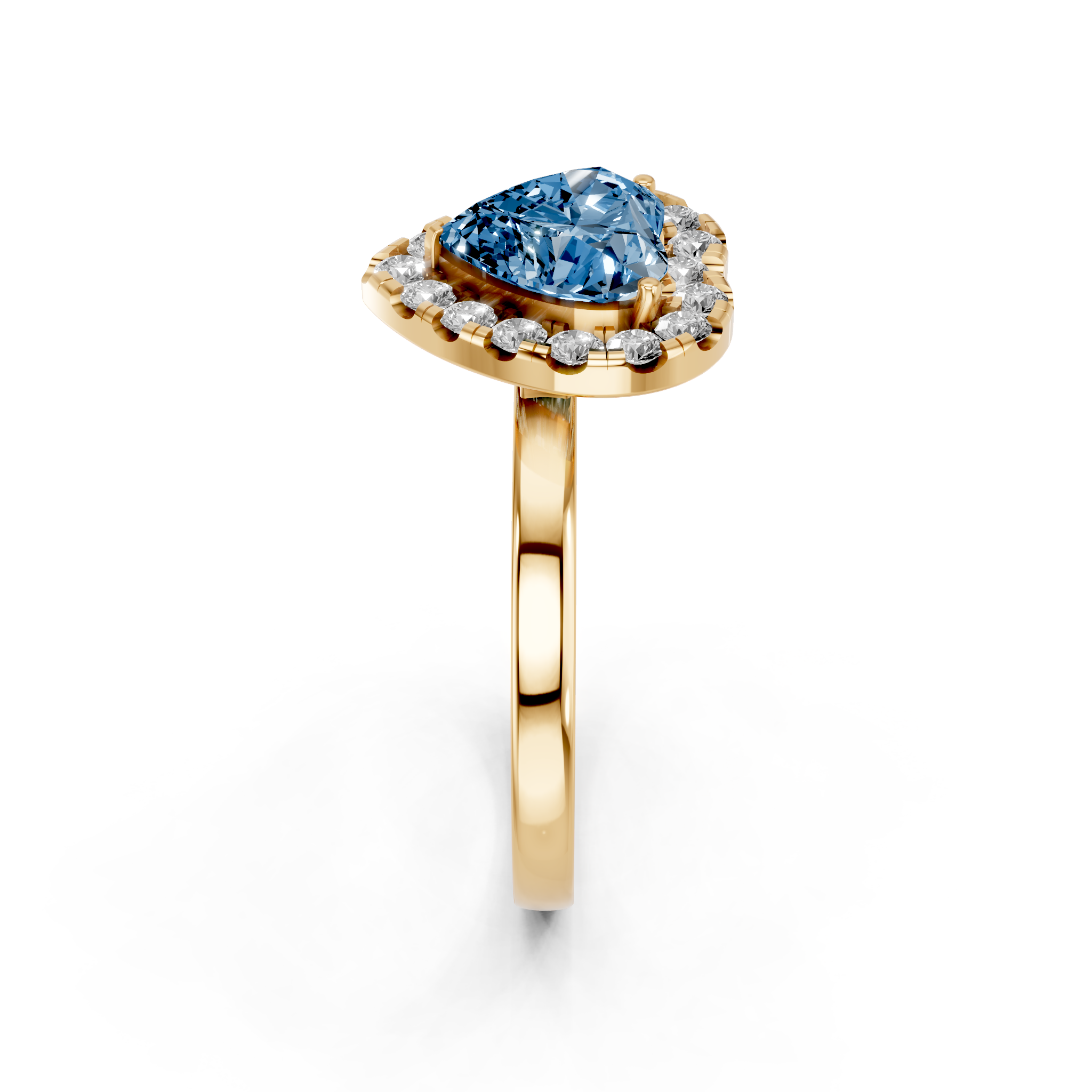 Yellow gold Fancy Blue Heart  Halo Diamond Solitaire with Pavé Band and Four-Prong Setting_18