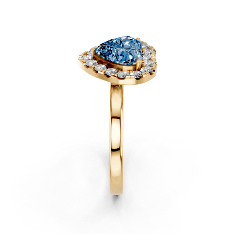Yellow gold Fancy Blue Heart  Halo Diamond Solitaire with Pavé Band and Four-Prong Setting_18