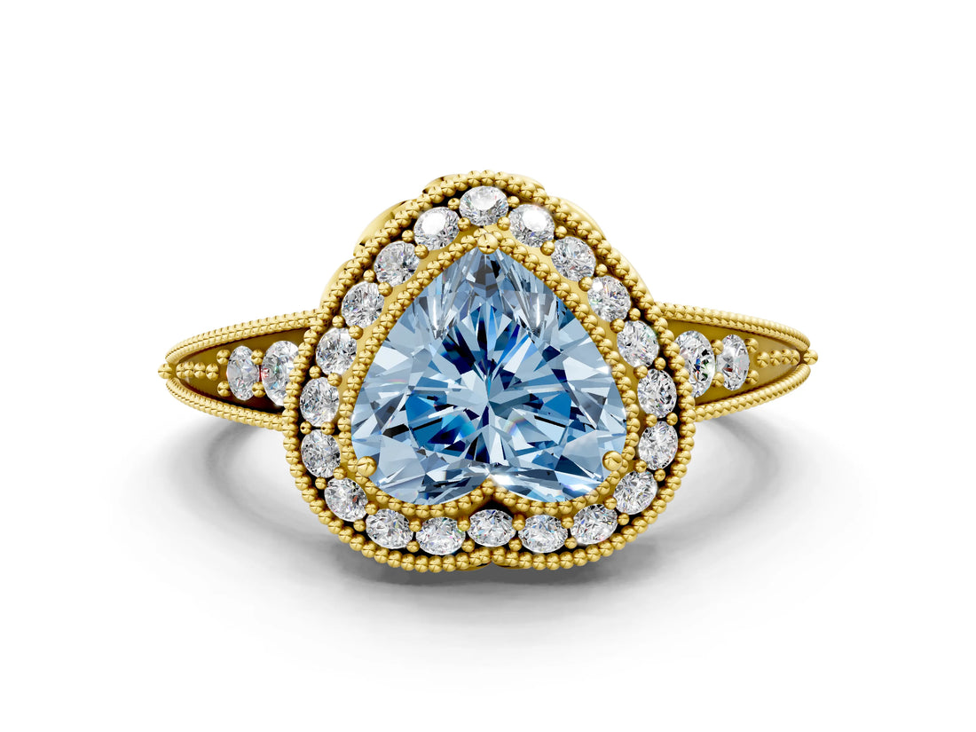 Yellow gold Fancy Blue Heart  Halo Diamond Split Shank Ring with Milgrain Detail_48