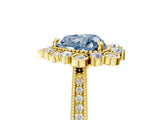 Yellow gold Fancy Blue Heart  Halo Milgrain Pave Diamond Ring with Four-Prong Setting 1
