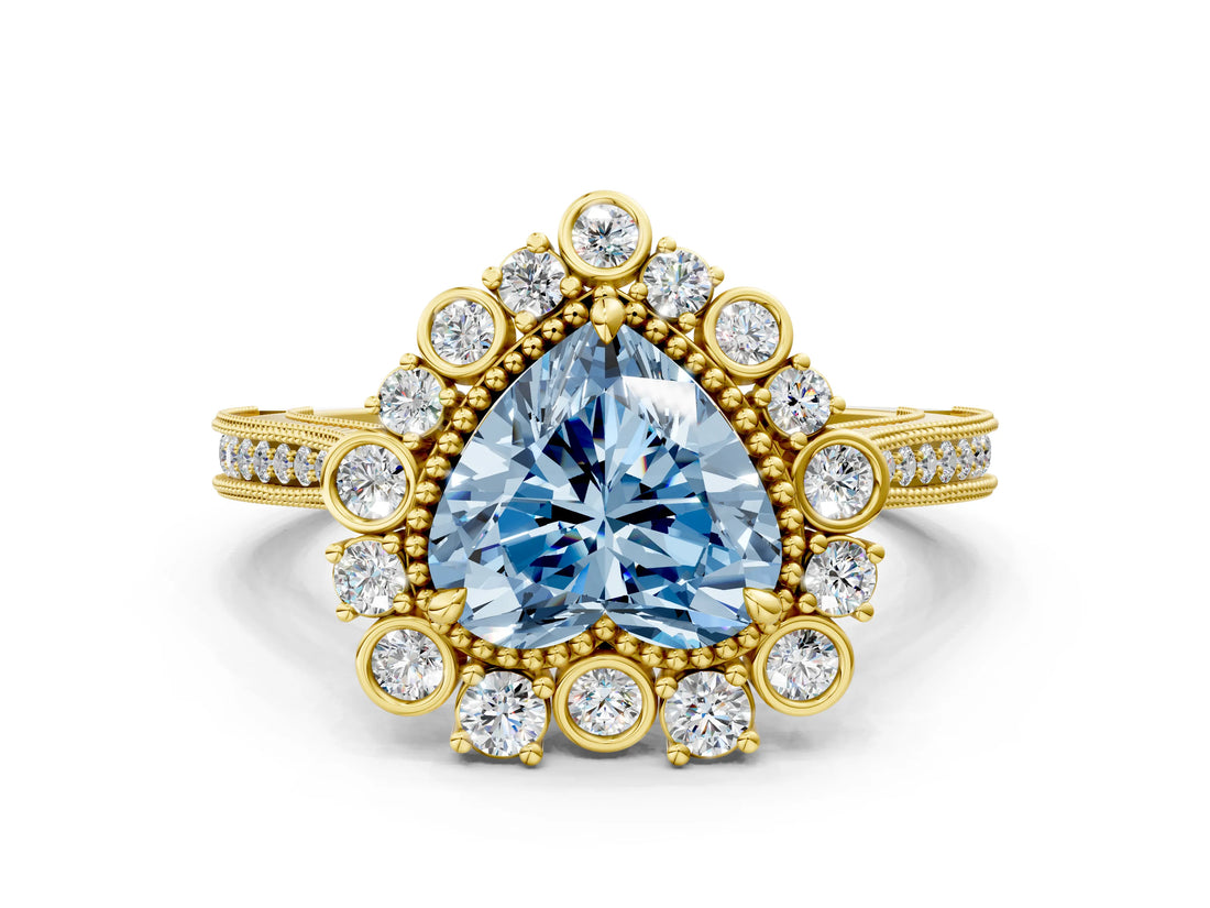 Yellow gold Fancy Blue Heart  Halo Milgrain Pave Diamond Ring with Four-Prong Setting 2