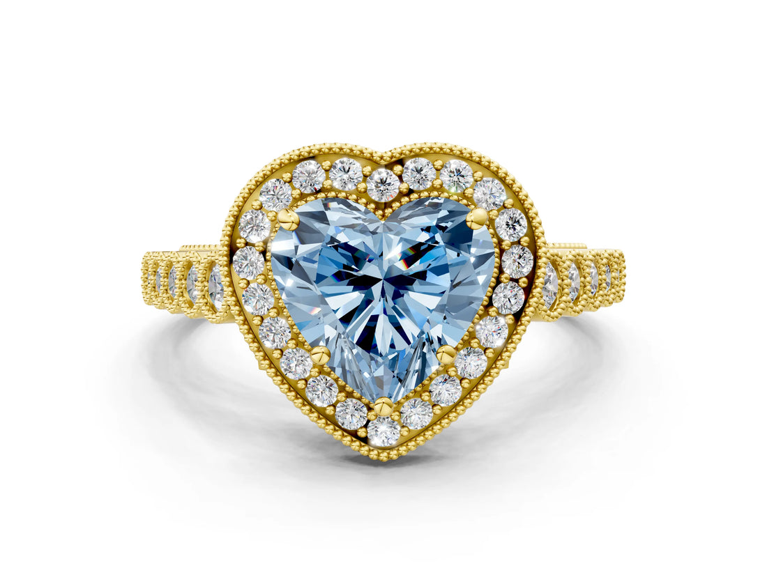 Yellow gold Fancy Blue Heart  Halo Milgrain Solitaire with Bezel Set Side Stones and Pave Band_32