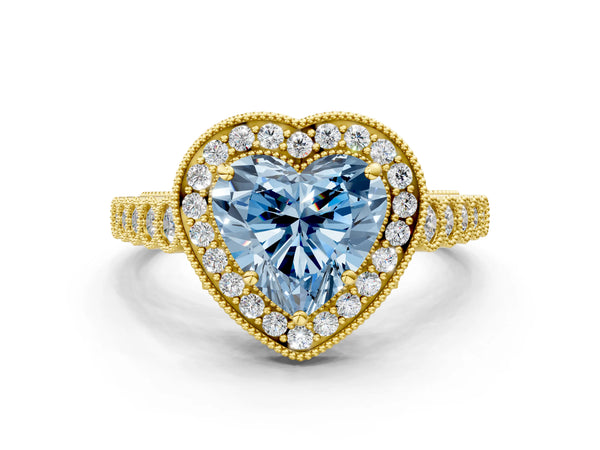 Yellow gold Fancy Blue Heart  Halo Milgrain Solitaire with Bezel Set Side Stones and Pave Band