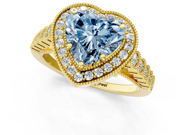 Yellow gold Fancy Blue Heart  Halo Milgrain Solitaire with Bezel Set Side Stones and Pave Band