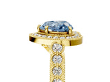 Yellow gold Fancy Blue Heart  Halo Milgrain Solitaire with Bezel Set Side Stones and Pave Band_37